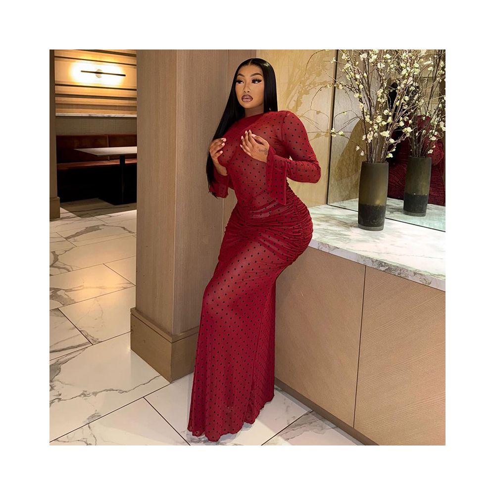 European and American style cross border elegant women s clothing pleated print polka dot slim bodycon dress round neck long sleeve banquet tight dress image 0