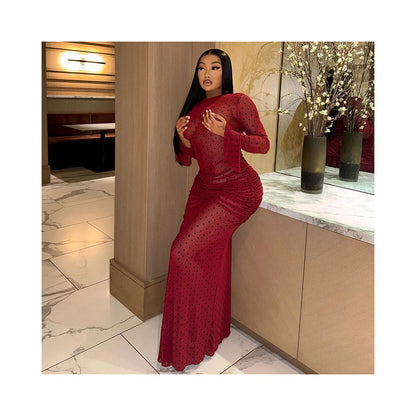 European and American style cross border elegant women s clothing pleated print polka dot slim bodycon dress round neck long sleeve banquet tight dress image 0