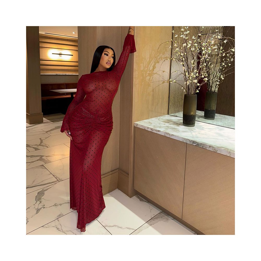 European and American style cross border elegant women s clothing pleated print polka dot slim bodycon dress round neck long sleeve banquet tight dress image 1
