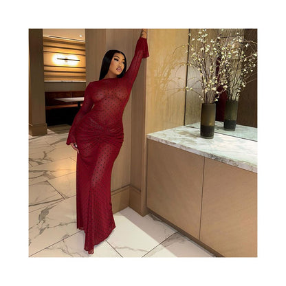 European and American style cross border elegant women s clothing pleated print polka dot slim bodycon dress round neck long sleeve banquet tight dress image 1
