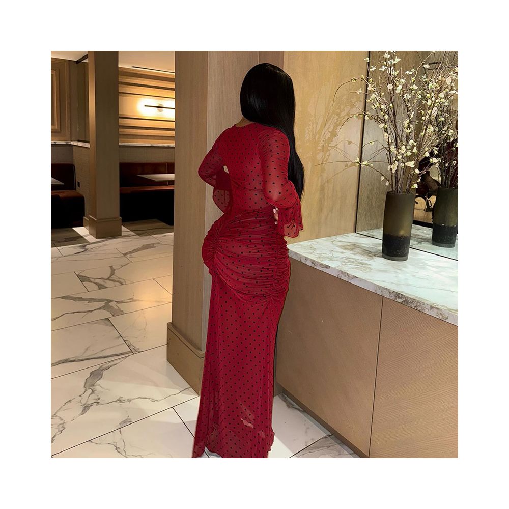 European and American style cross border elegant women s clothing pleated print polka dot slim bodycon dress round neck long sleeve banquet tight dress image 2