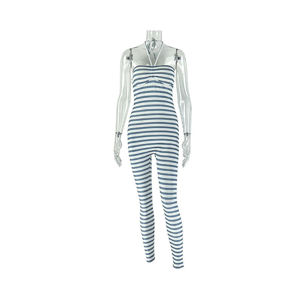 European and American style cross border personalized striped printed halter neck bodysuit sexy backless sports long jumpsuit