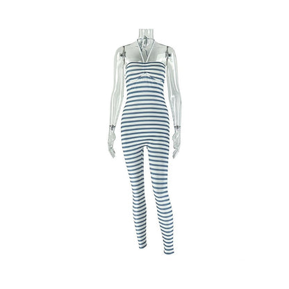 European and American style cross border personalized striped printed halter neck bodysuit sexy backless sports long jumpsuit