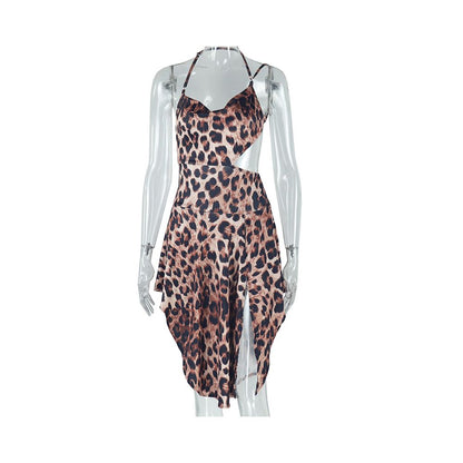 European and American style fashionable new tight fitting dress with irregular design leopard print suspender dress pullover dress