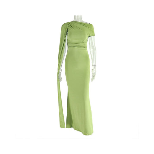 European and American style foreign trade cross border fashion women s slim fit elegant one piece dress asymmetrical neck solid color one shoulder long dress