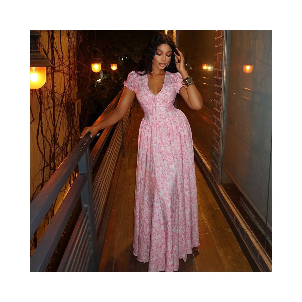 European and American style cross border sweet and fresh women s clothing printed elegant A line skirt with pleats V neck and puff sleeves long dress image 1
