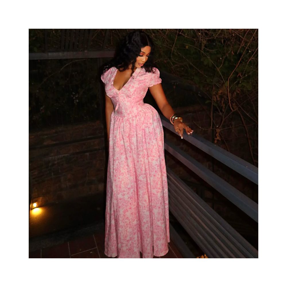European and American style cross border sweet and fresh women s clothing printed elegant A line skirt with pleats V neck and puff sleeves long dress image 2