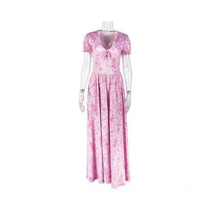 European and American style cross border sweet and fresh women s clothing printed elegant A line skirt with pleats V neck and puff sleeves long dress