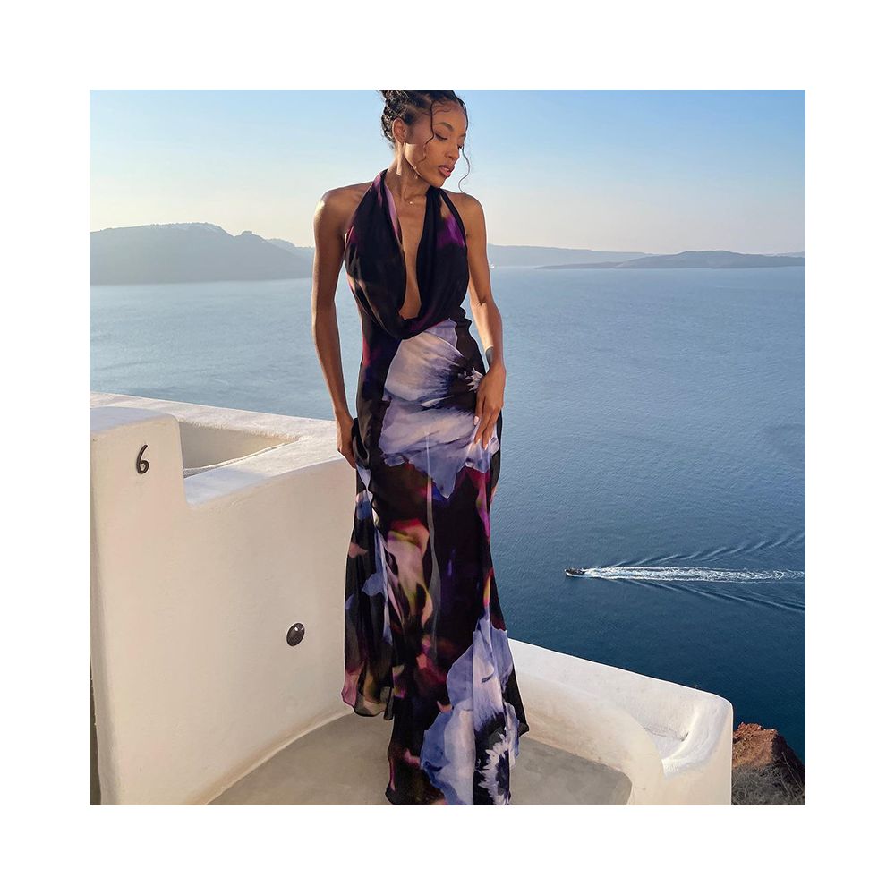 European and American women s clothing cross border foreign trade manufacturers 2023 new digital print sexy droop neck long and mid length dress image 0