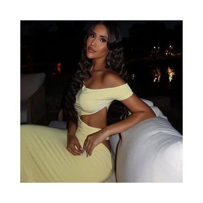 European and American style cross border elegant solid color women s clothing hip hugging slim fitting one piece skirt hollowed out asymmetrical dress evening gown image 3