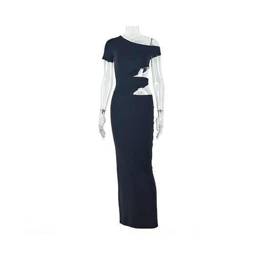 European and American style cross border elegant solid color women s clothing hip hugging slim fitting one piece skirt hollowed out asymmetrical dress evening gown