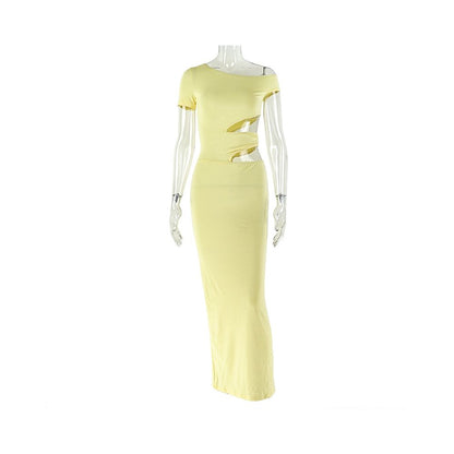 European and American style cross border elegant solid color women s clothing hip hugging slim fitting one piece skirt hollowed out asymmetrical dress evening gown