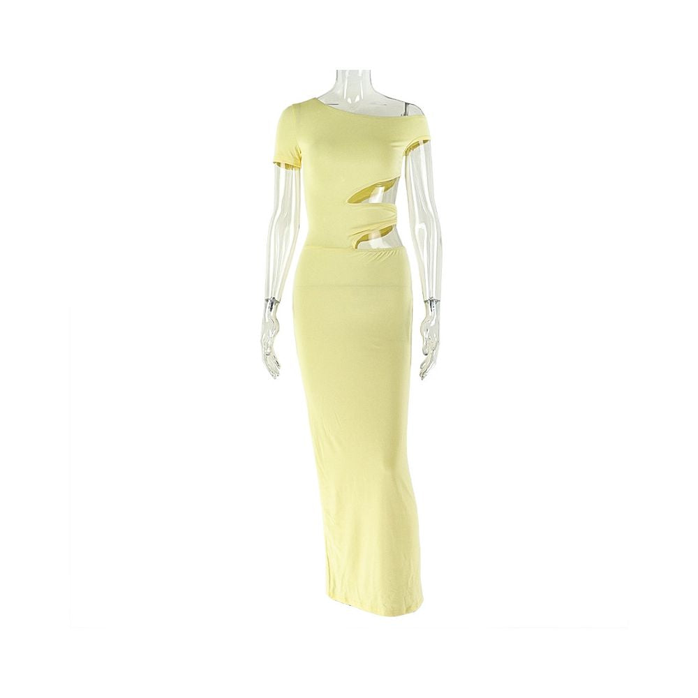 European and American style cross border elegant solid color women s clothing hip hugging slim fitting one piece skirt hollowed out asymmetrical dress evening gown