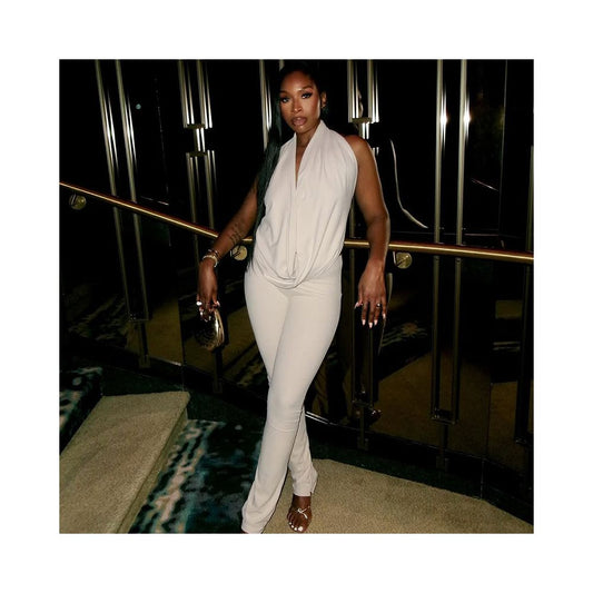 European and American style export fashion halter neck collar solid color commuter pants suit backless tie top and tight trousers two piece set image 0
