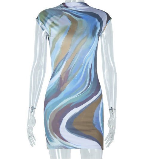 European and American style elegant women s printed and painted backless slim fit bodycon dress with high neck and sleeveless short dress