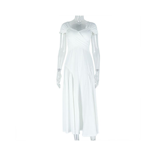 European and American style elegant women s clothing solid color pleated A line skirt V neck short sleeves slim fit backless long dress banquet dress