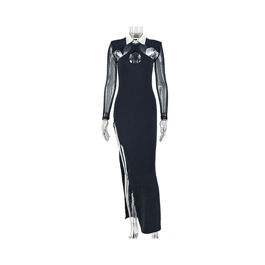 European and American style cross border elegant women s clothing black and white spliced slit hip hugging skirt shirt collar long sleeve hollow dress