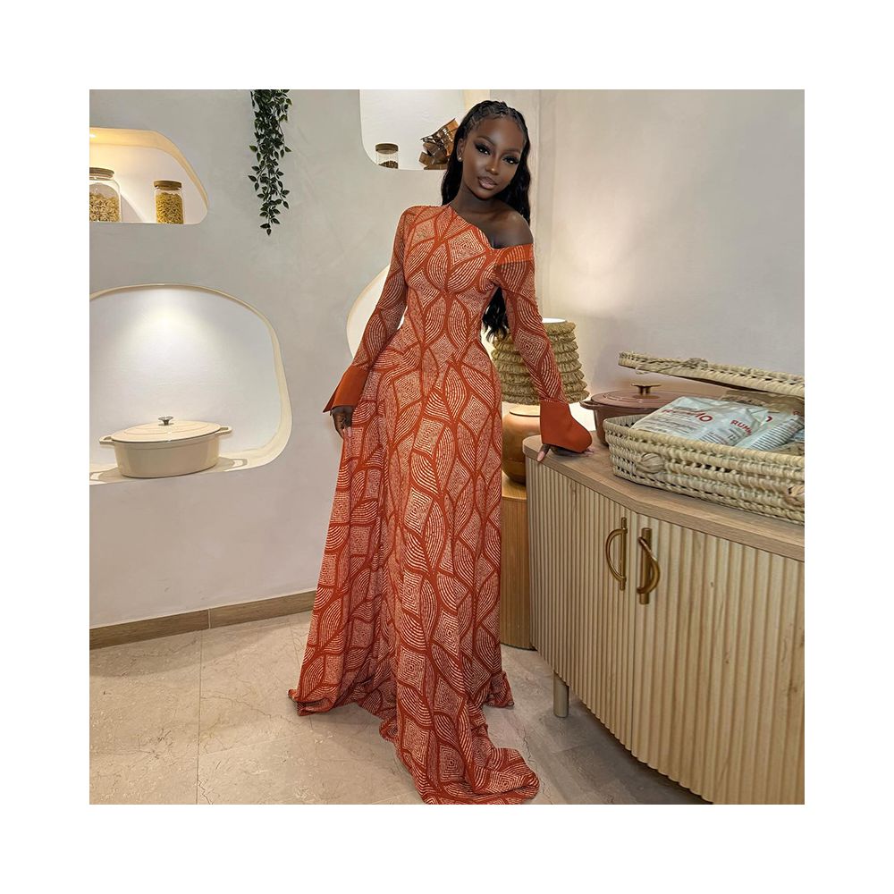 European and American style ins inspired cross border slim fit fresh women s clothing pleated elegant commuter A line dress one shoulder neckline long sleeved dress image 2