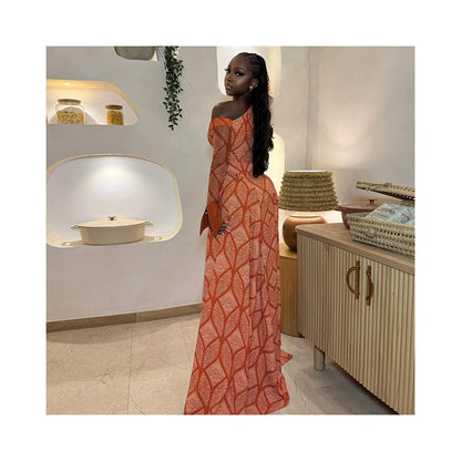 European and American style ins inspired cross border slim fit fresh women s clothing pleated elegant commuter A line dress one shoulder neckline long sleeved dress image 3