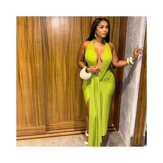 European and American style ins style cross border women s slim fit solid color strappy hip hugging dress sexy halter neck V neck wrap dress trendy image 0