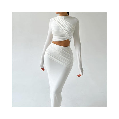European and American style trendy two piece set solid color round neck irregular long sleeved cropped top and casual skirt image 0