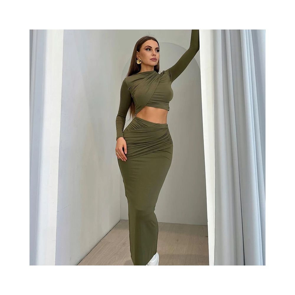 European and American style trendy two piece set solid color round neck irregular long sleeved cropped top and casual skirt image 2