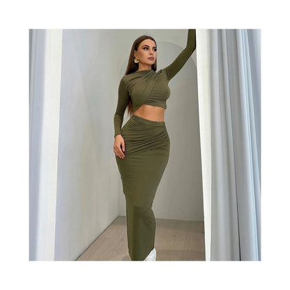European and American style trendy two piece set solid color round neck irregular long sleeved cropped top and casual skirt image 2