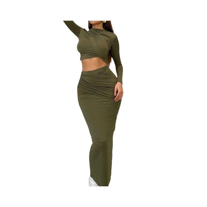 European and American style trendy two piece set solid color round neck irregular long sleeved cropped top and casual skirt image 4