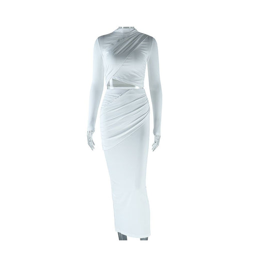 European and American style trendy two piece set solid color round neck irregular long sleeved cropped top and casual skirt
