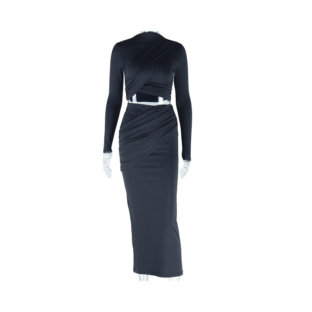 European and American style trendy two piece set solid color round neck irregular long sleeved cropped top and casual skirt