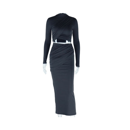 European and American style trendy two piece set solid color round neck irregular long sleeved cropped top and casual skirt