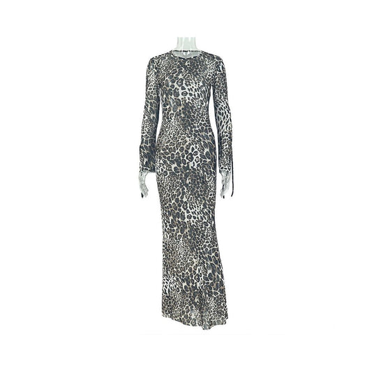 European and American style export fashion leopard print women s slim fitting long bodycon dress round neck long sleeve elegant thin dress
