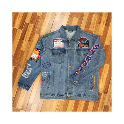 Kanye Kids See Ghosts Denim Jacket Heavy Crafted Embroidered Denim Jacket Coat