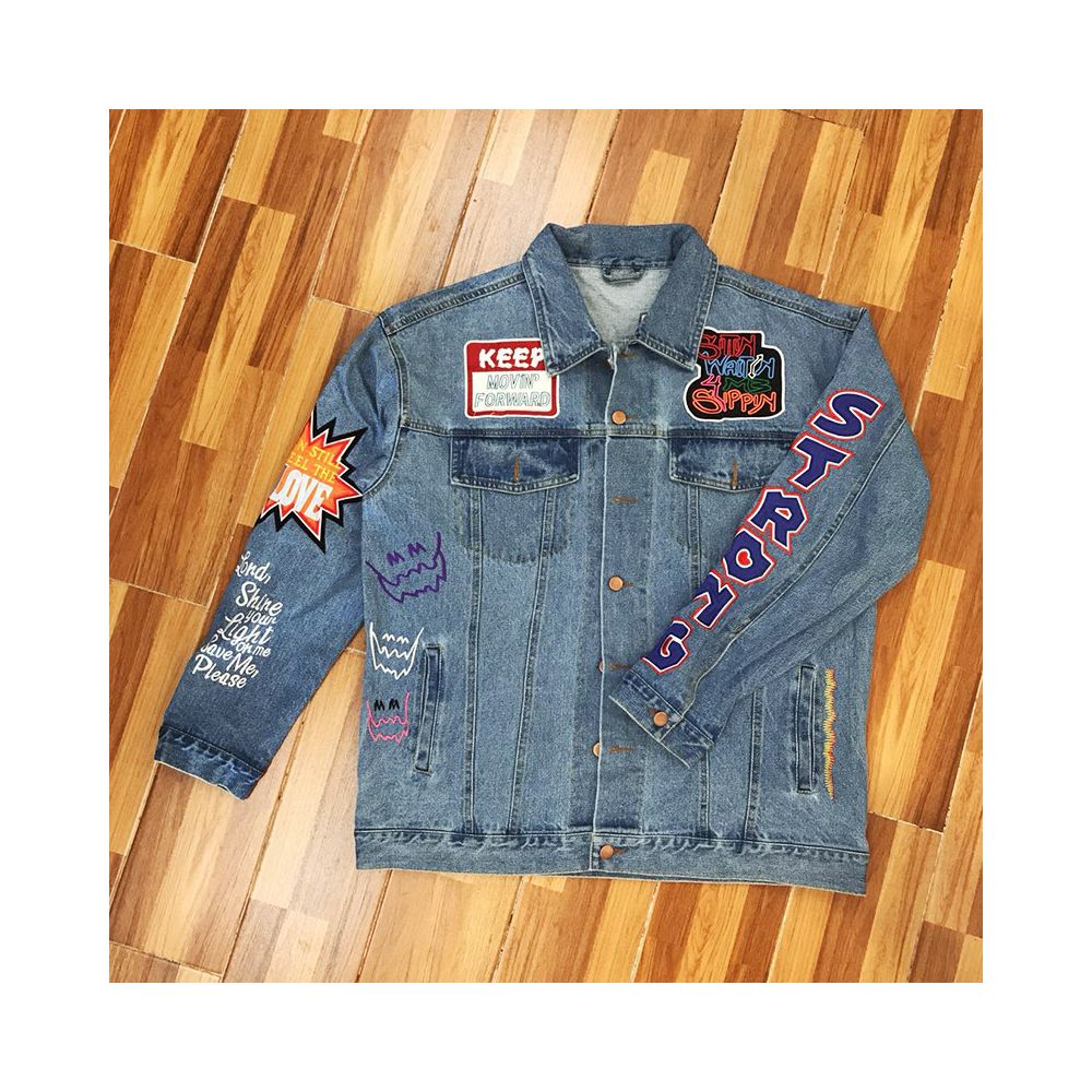 Kanye Kids See Ghosts Denim Jacket Heavy Crafted Embroidered Denim Jacket Coat