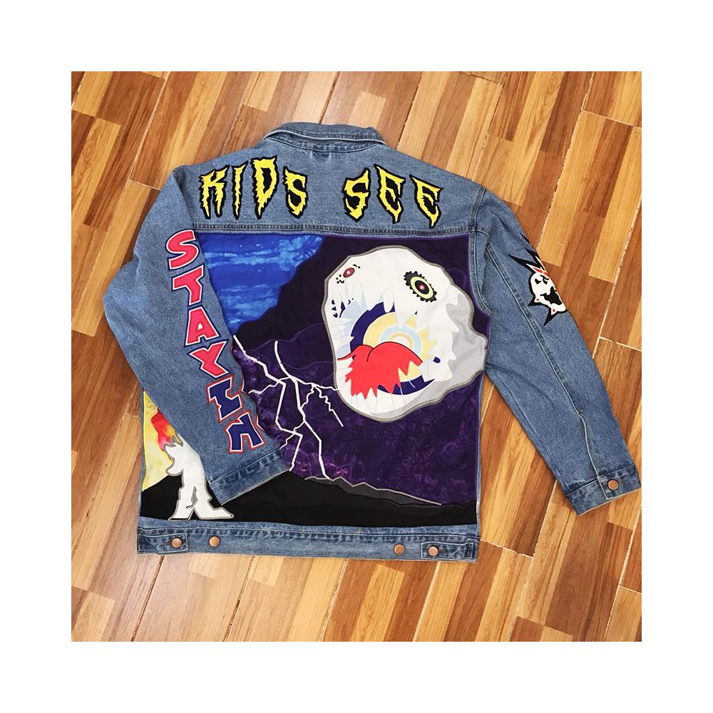 Kanye Kids See Ghosts Denim Jacket Heavy Crafted Embroidered Denim Jacket Coat image 1
