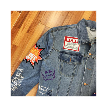 Kanye Kids See Ghosts Denim Jacket Heavy Crafted Embroidered Denim Jacket Coat image 2