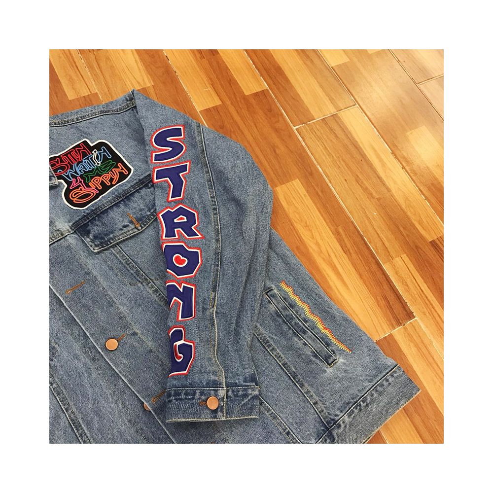 Kanye Kids See Ghosts Denim Jacket Heavy Crafted Embroidered Denim Jacket Coat image 3