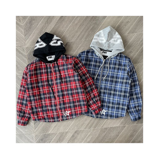 Sp5der Hooded Zip Flannel Shirt Jacket Checkered Hooded Jacket Coat image 1