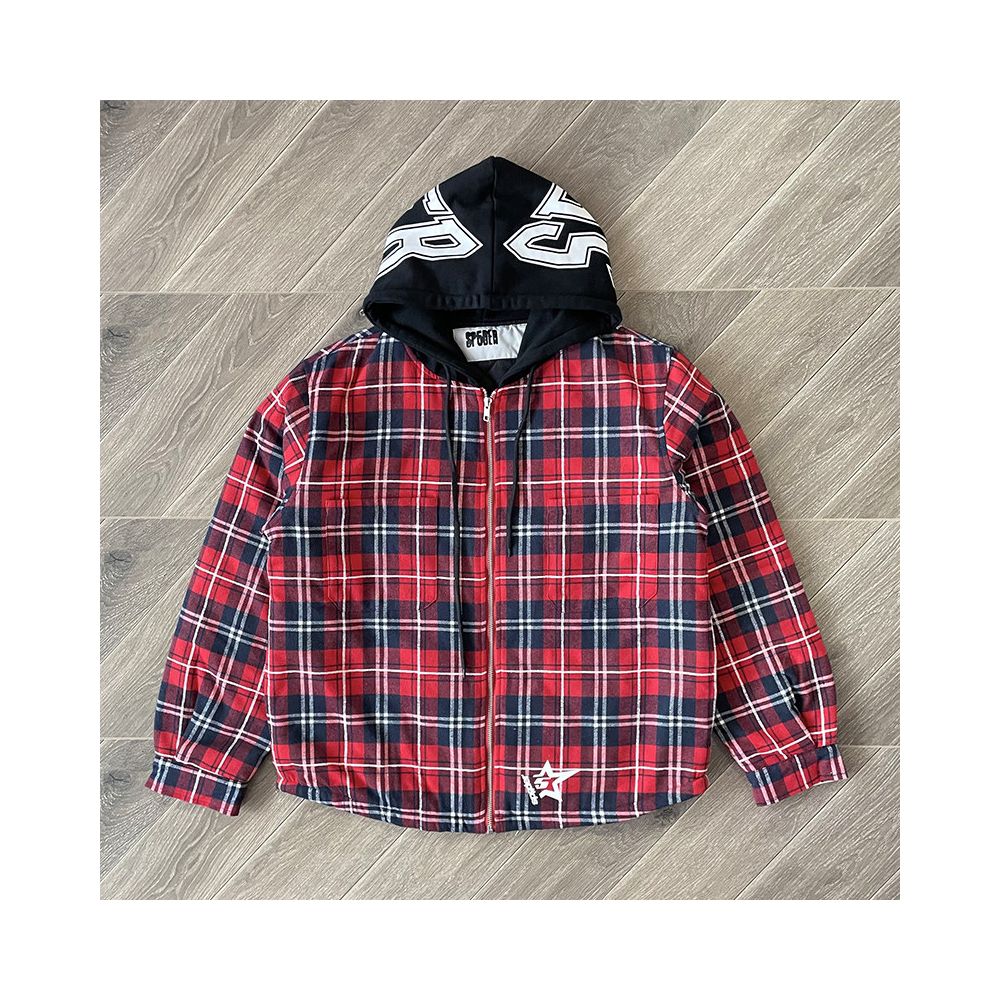 Sp5der Hooded Zip Flannel Shirt Jacket Checkered Hooded Jacket Coat image 2