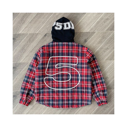 Sp5der Hooded Zip Flannel Shirt Jacket Checkered Hooded Jacket Coat image 4