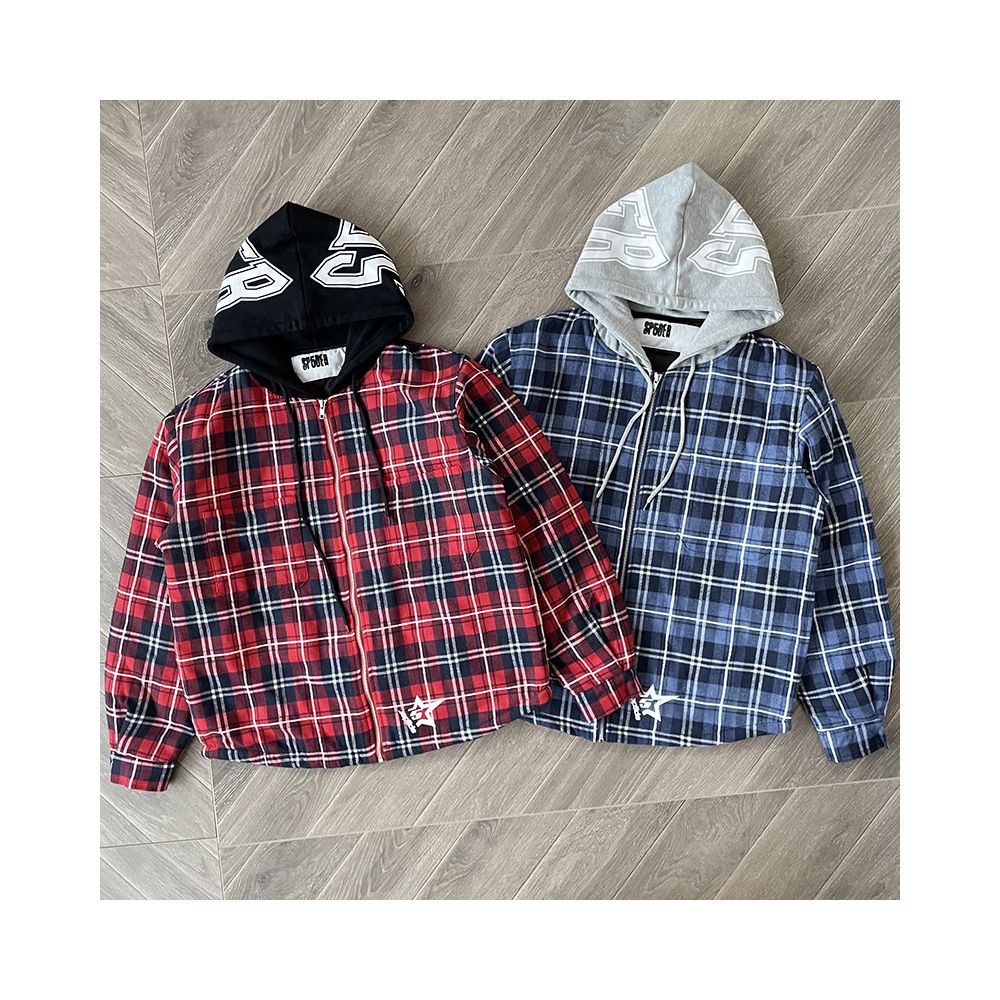 Sp5der Hooded Zip Flannel Shirt Jacket Checkered Hooded Jacket Coat image 0