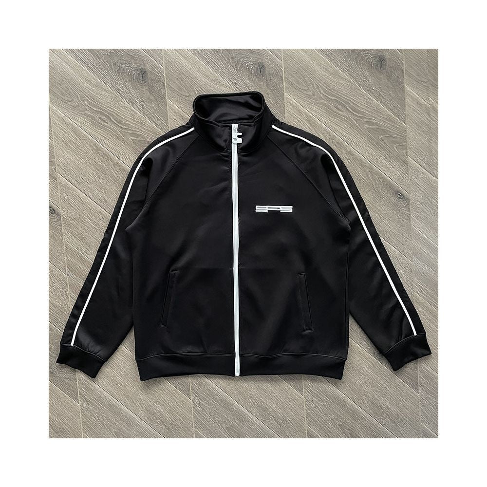 Sp5der Youth Embroidered Sports Jacket Dark Brown Half High Collar Zipper Jacket Black Long Sleeve Pants Sports Jacket