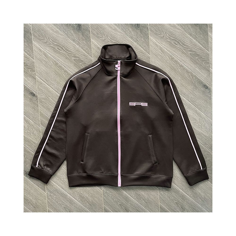 Sp5der Youth Embroidered Sports Jacket Dark Brown Half High Collar Zipper Jacket Black Long Sleeve Pants Sports Jacket