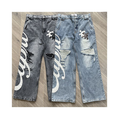 Project Capri CAPRI LEATHER JEANS Personalized Piercing Embroidered High Street Casual Jeans image 0