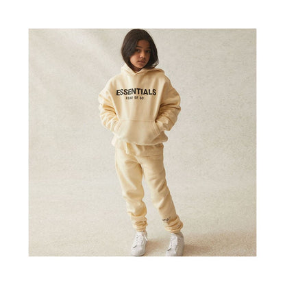 Fashion brand children s clothing ESSENTIALS letter autumn and winter clothing European and American men s and women s loose hooded and velvet sweatshirt set