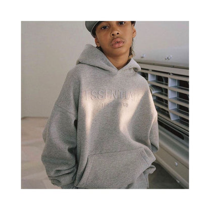 Fashion brand children s clothing ESSENTIALS letter autumn and winter clothing European and American men s and women s loose hooded and velvet sweatshirt set