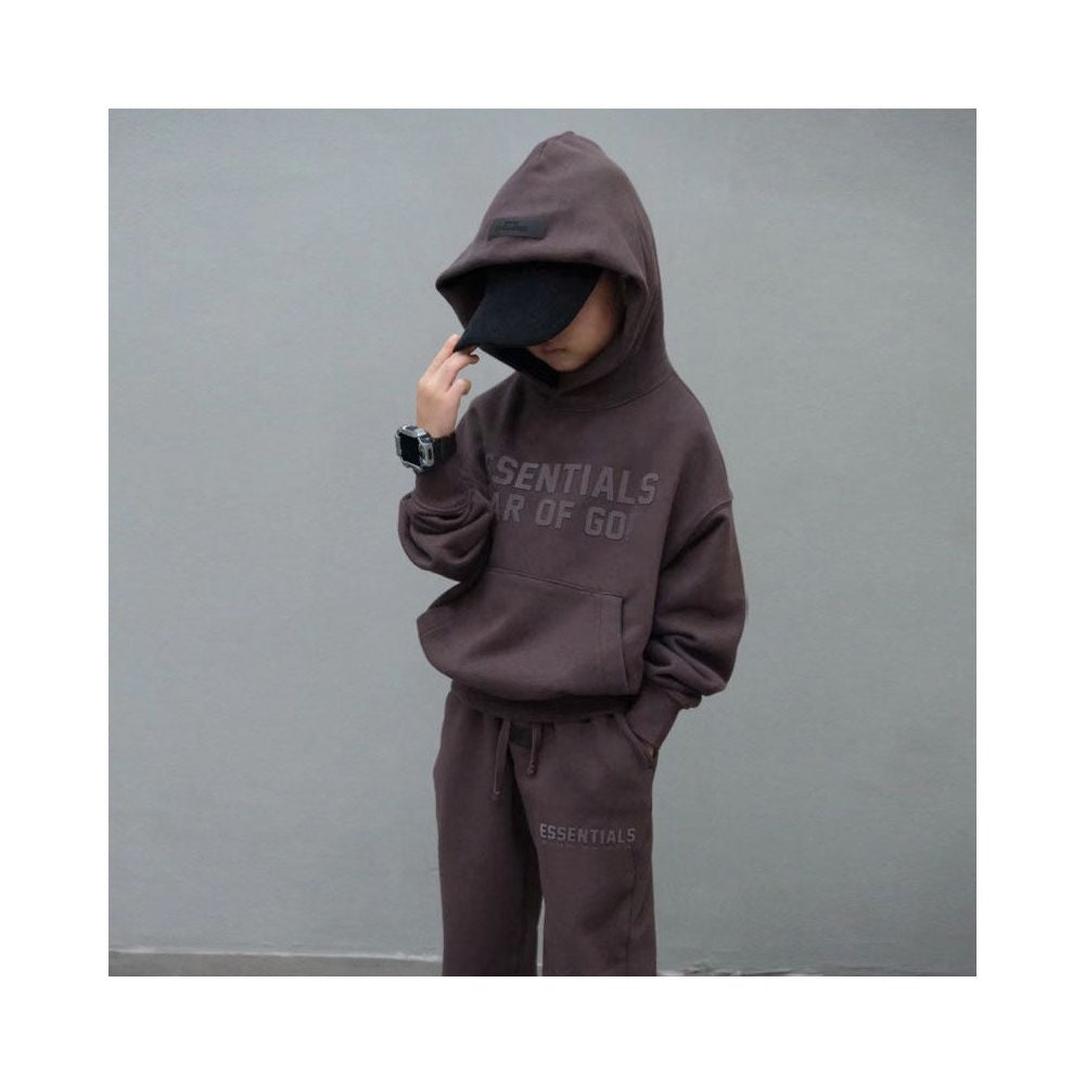 Fashion brand children s clothing ESSENTIALS letter autumn and winter clothing European and American men s and women s loose hooded and velvet sweatshirt set