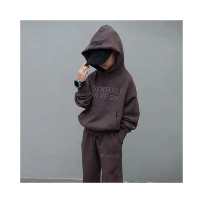 Fashion brand children s clothing ESSENTIALS letter autumn and winter clothing European and American men s and women s loose hooded and velvet sweatshirt set
