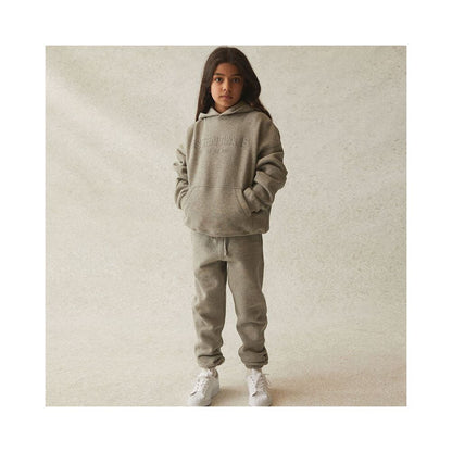 Fashion brand children s clothing ESSENTIALS letter autumn and winter clothing European and American men s and women s loose hooded and velvet sweatshirt set