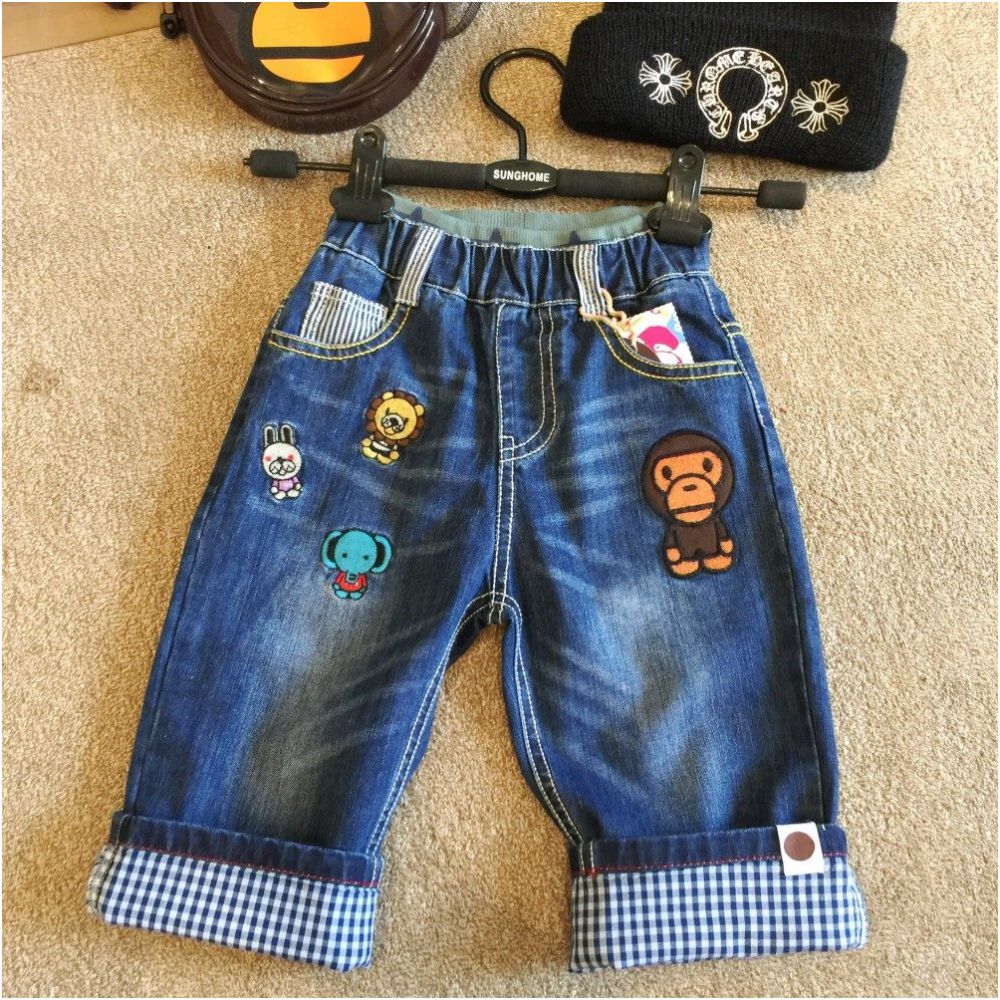 Yichen a trendy children s clothing brand presents its 2018 Spring Summer new embroidered cartoon monkey denim cropped pants for boys and girls image 0